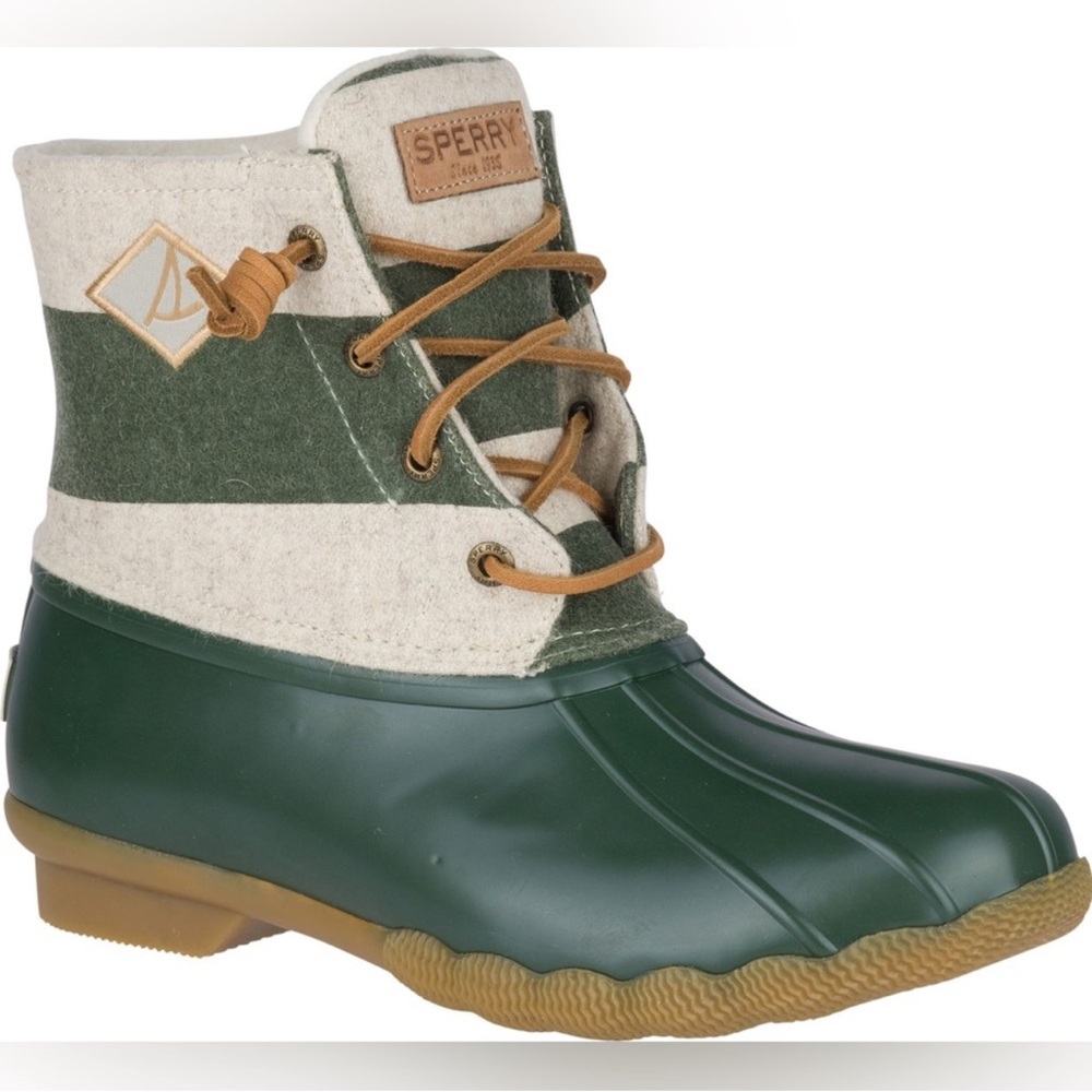 Sperry Saltwater Varsity Stripe Duck Snow/Rain Boots Oat/Green
